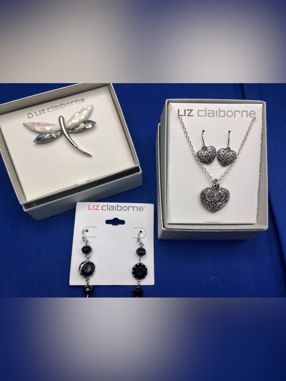 Liz Claiborne Trio w/Black and Silver Drop Earrings & Heart Pendant Set